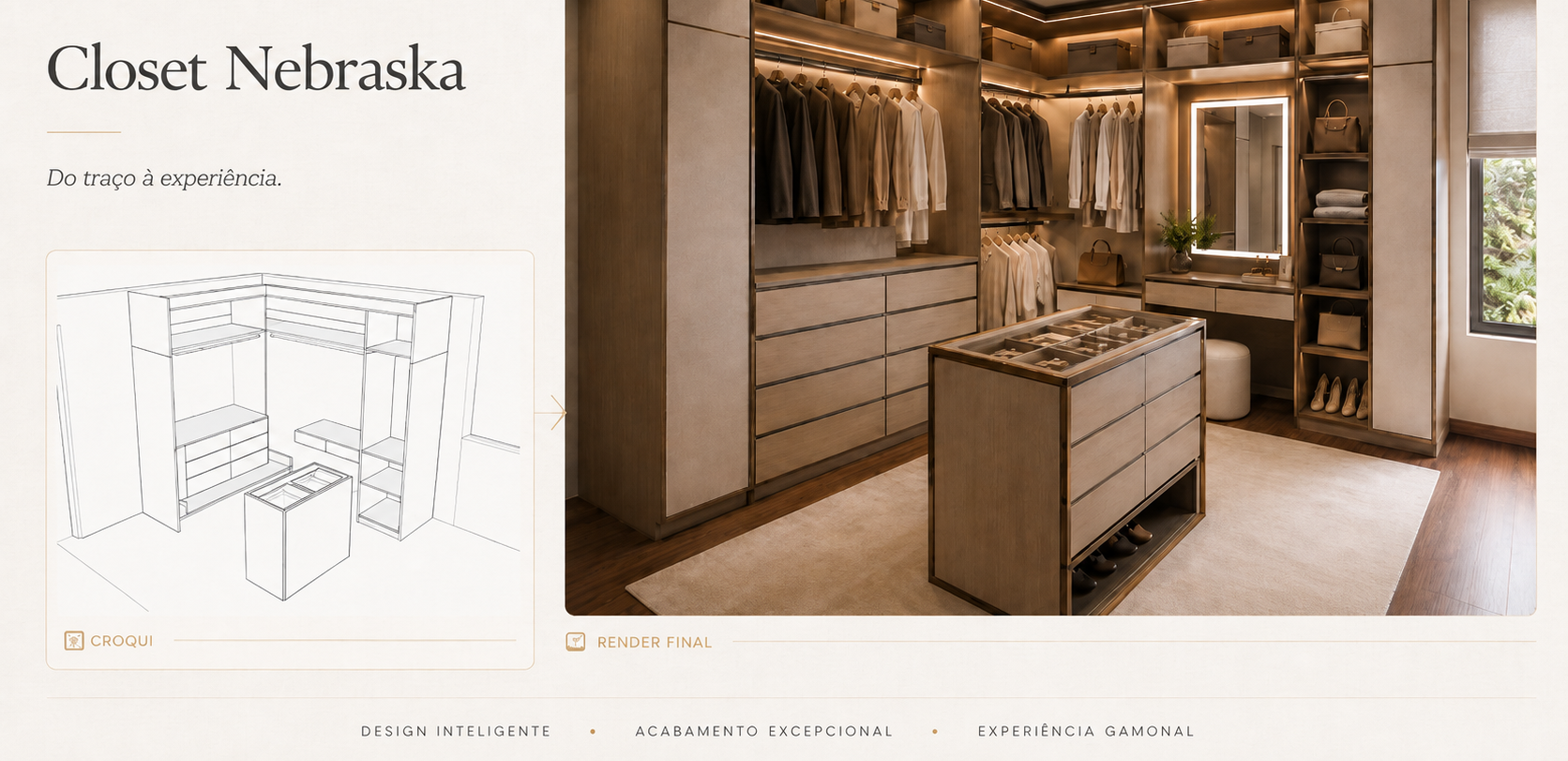 Closet Nebraska — visualização 3D do projeto residencial autoral Gamonal